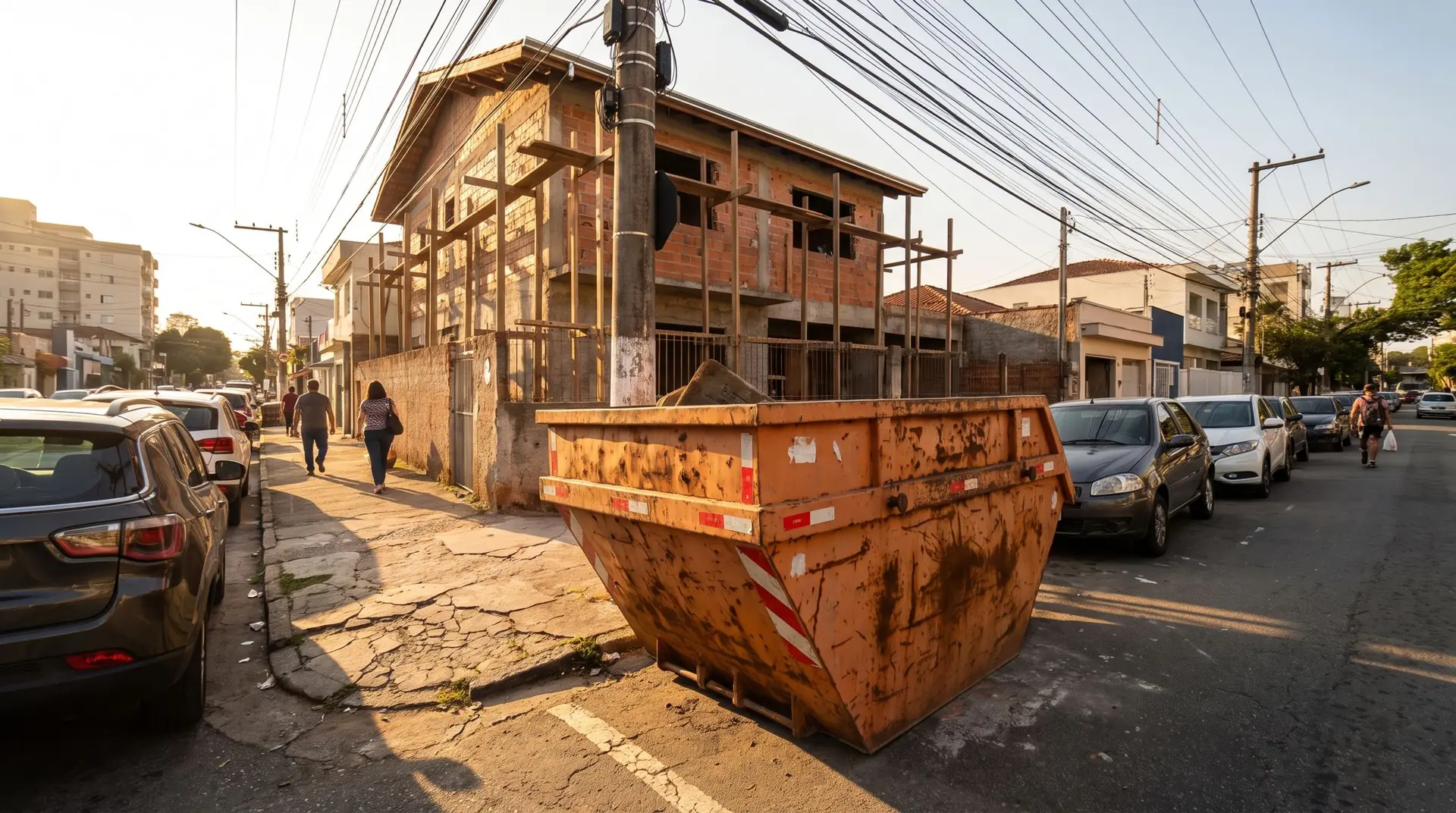 Caçamba estacionada na rua ao lado de uma casa em reforma